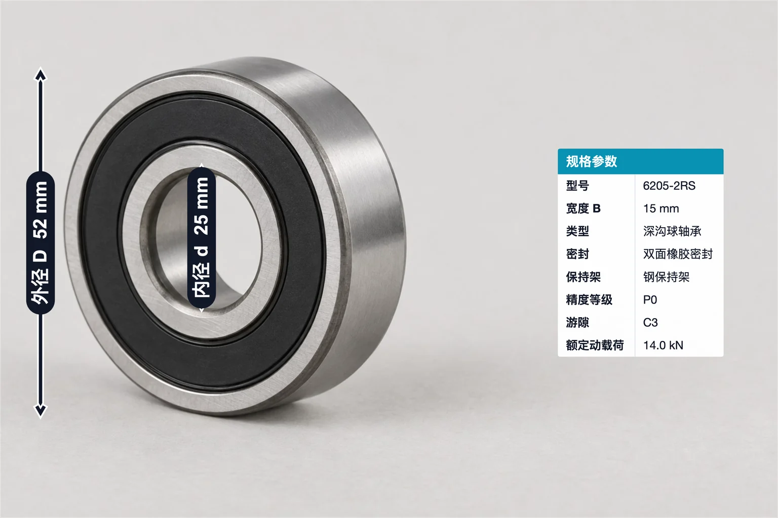 深沟球轴承标注示例,包含尺寸标注和规格表;外径 52 mm、内径 25 mm、型号 6205-2RS