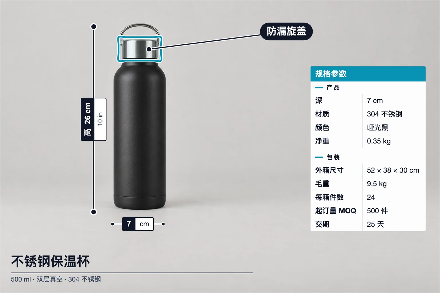 不锈钢保温杯标注示例,包含尺寸标注、规格表、形状标注、特征标签和文字标注;高 26 cm、宽 7 cm