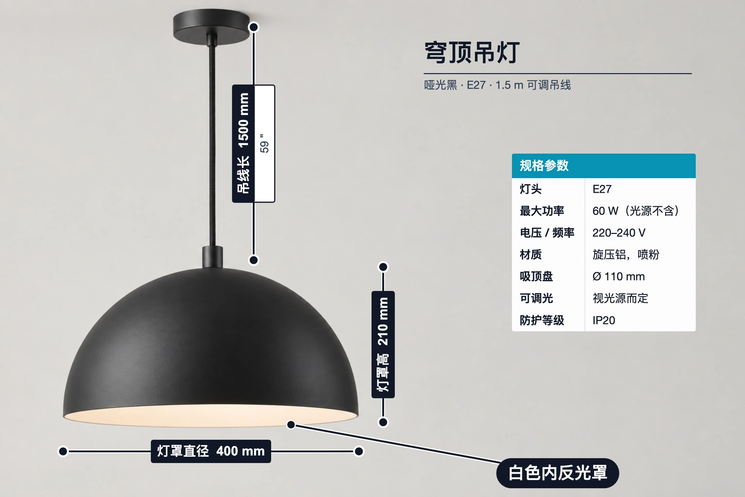 家居吊灯标注示例,包含尺寸标注、规格表、文字标注、特征标签;灯罩直径 400 mm、灯罩高 210 mm、吊线长 1500 mm