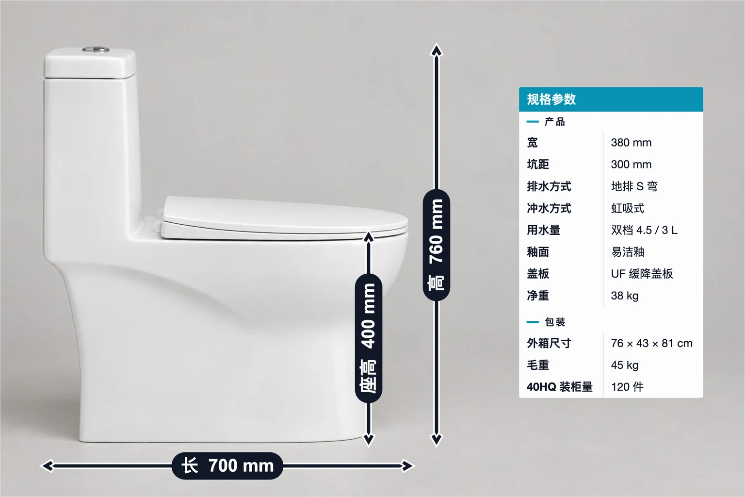 连体马桶标注示例,包含尺寸标注和规格表;长 700 mm、高 760 mm、座高 400 mm、坑距 300 mm