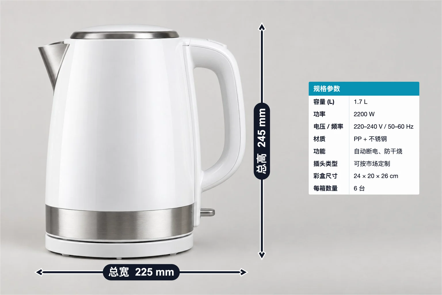 电热水壶标注示例,包含尺寸标注和规格表;总高 245 mm、总宽 225 mm、容量 1.7 L、功率 2200 W