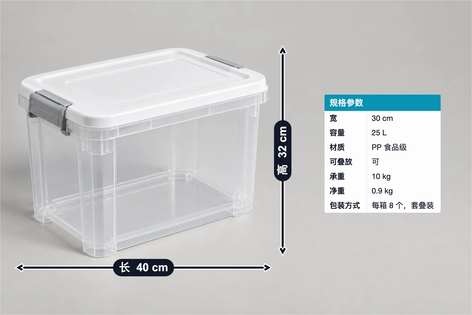 透明卡扣收纳箱标注示例,包含尺寸标注和规格表;长 40 cm、高 32 cm、容量 25 L