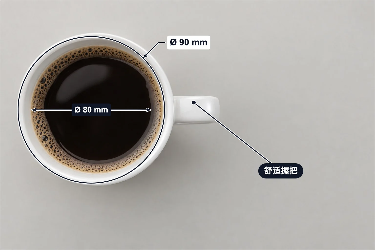 咖啡马克杯标注示例,包含直径标注和特征标签;杯口外径 Ø 90 mm、内径 Ø 80 mm