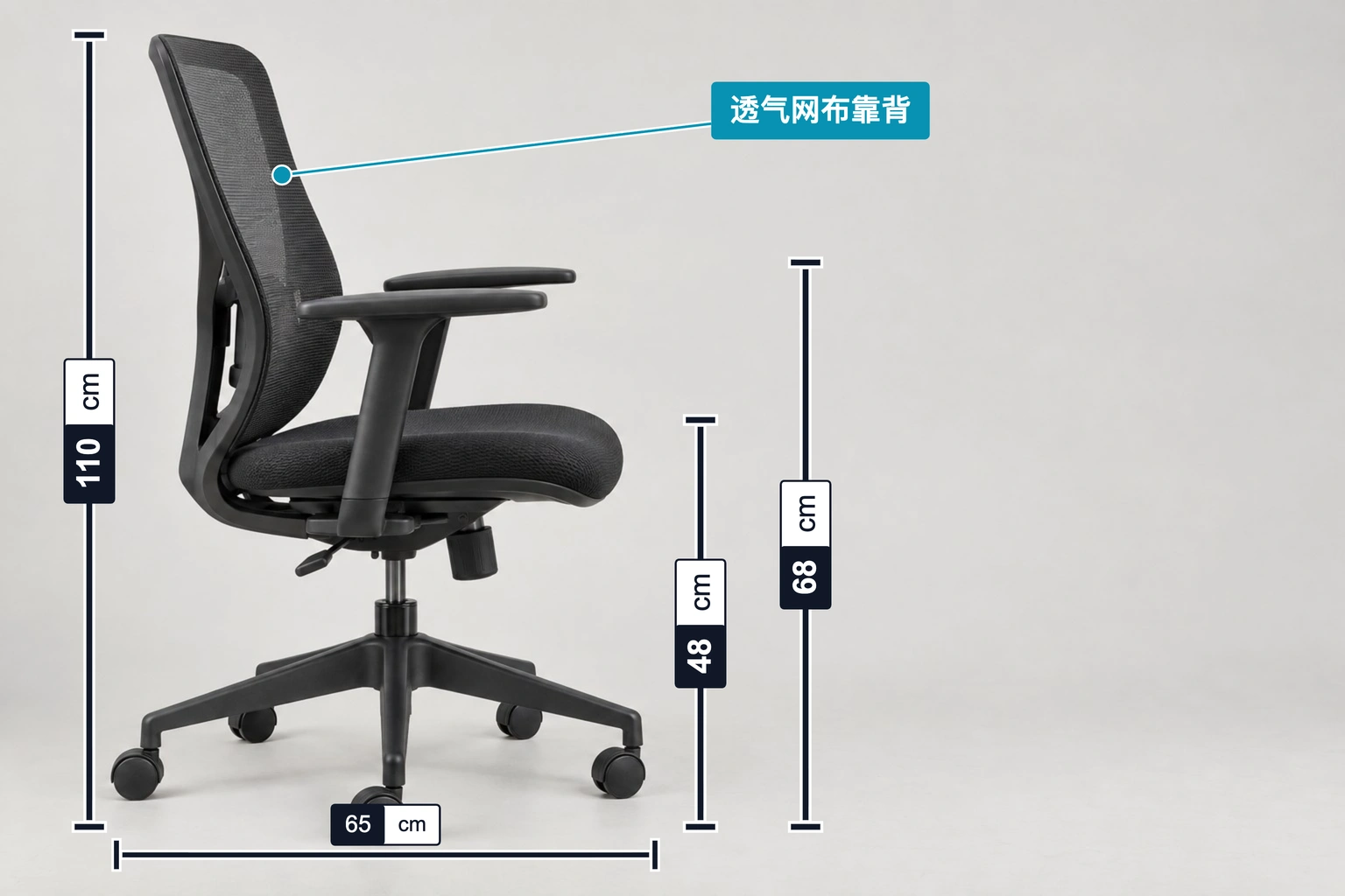 办公椅标注示例，包含尺寸标注、特征标签；整体高度 110 cm、座面高度 48 cm、扶手高度 68 cm、底座宽度 65 cm