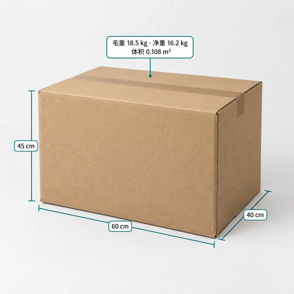 出口纸箱标出长 60 cm、宽 40 cm、高 45 cm，标签写明毛重 18.5 kg、净重 16.2 kg、体积 0.108 m³