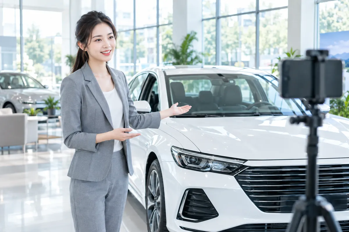 汽车 4S 店销售顾问面对三脚架上的手机讲解新车