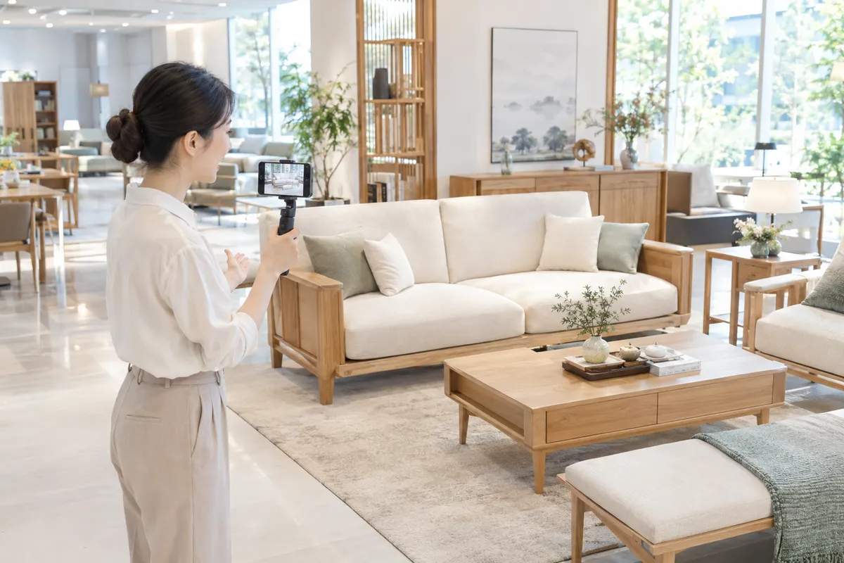 家居展厅顾问用手机录制沙发与客厅样板间短视频