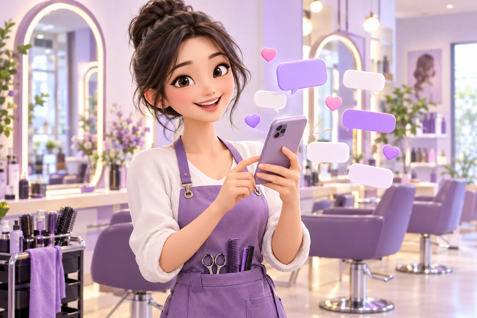 美业门店发型师在店内用手机接待抖音私信咨询