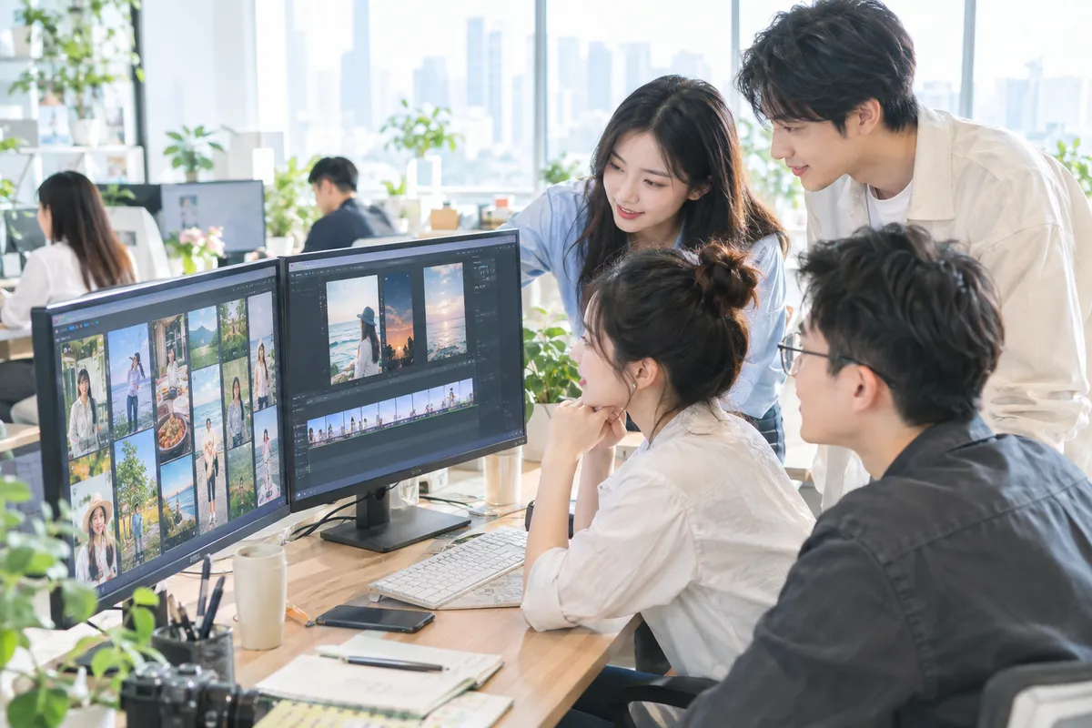 代运营团队在办公室用两台显示器检查多条短视频草稿