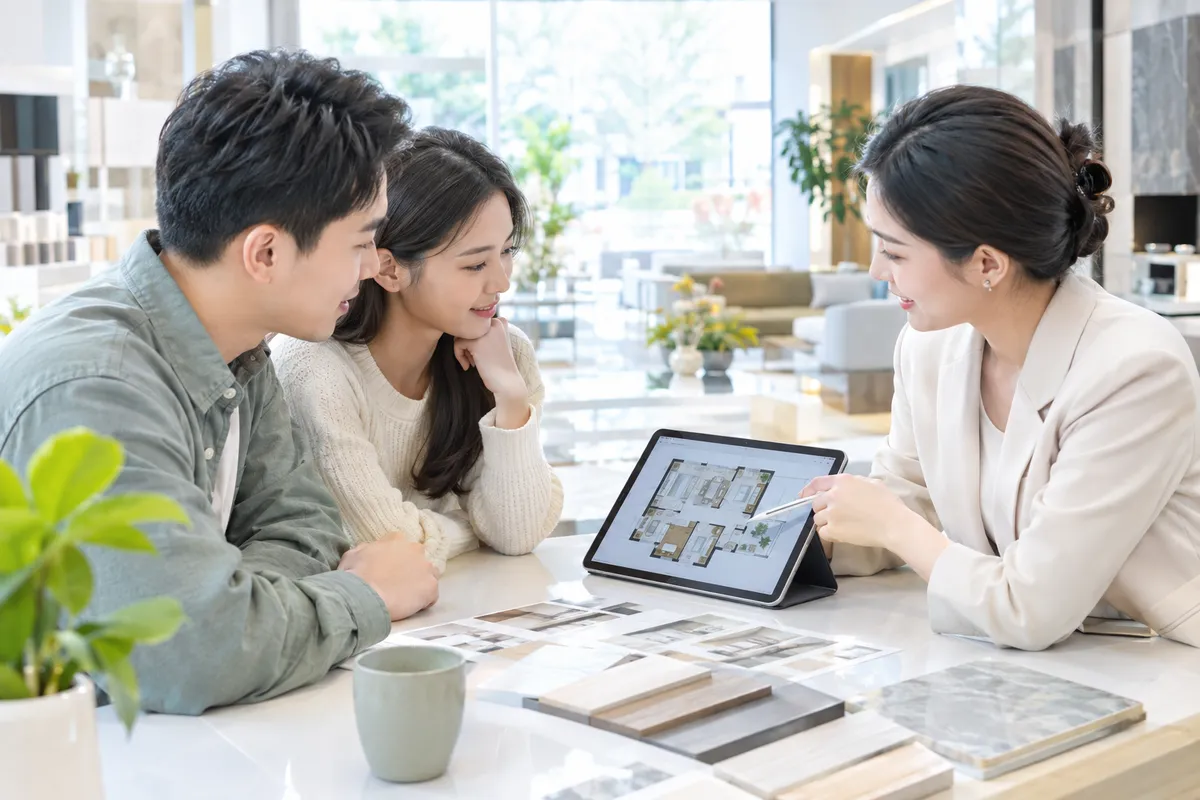 装修顾问在展厅用平板向年轻夫妇讲解户型方案